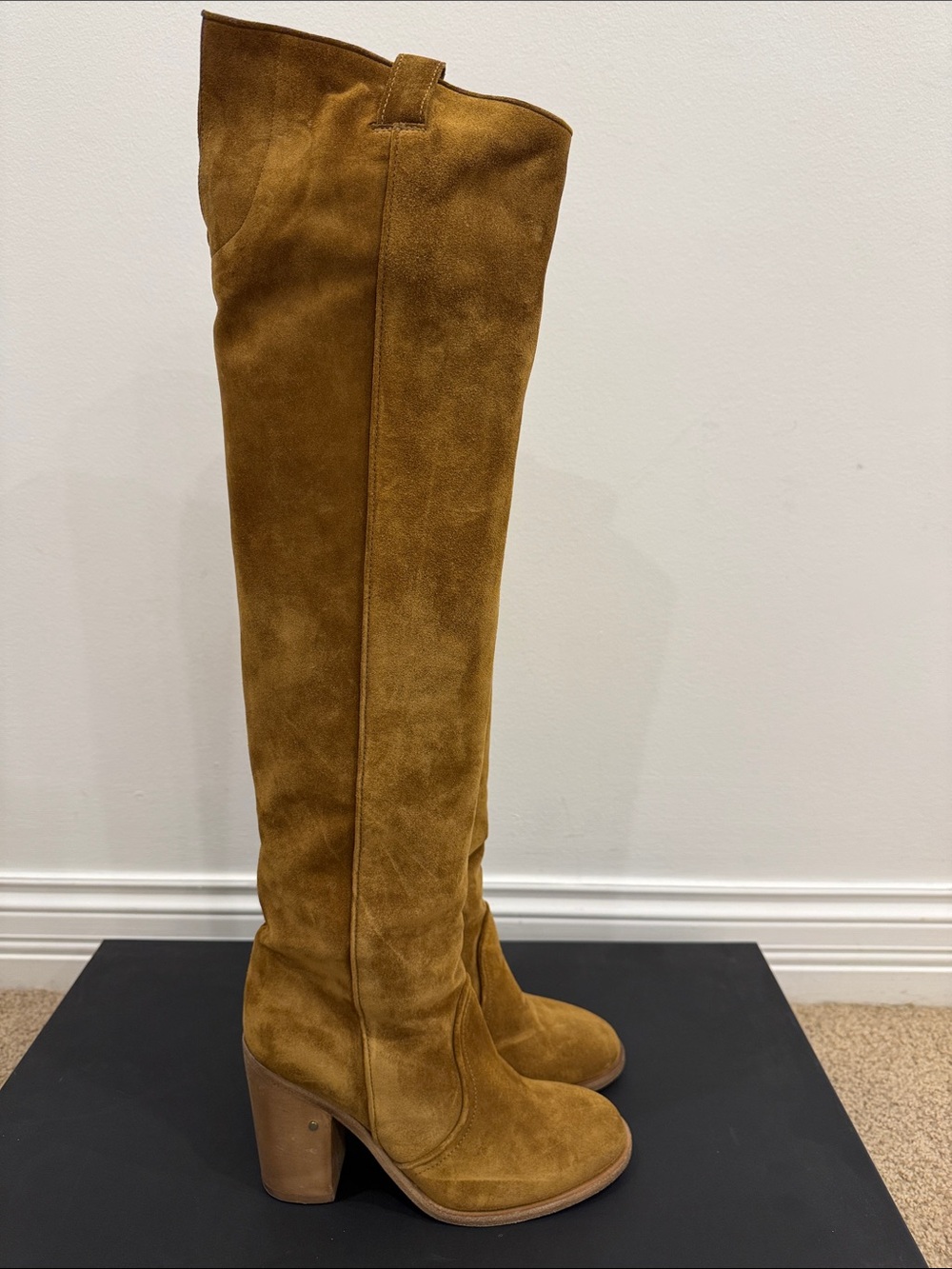 Laurence Dacade Camel Suede Over The Knee Boots EU 37 Stretch Back Basette style